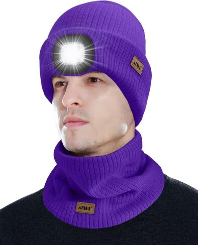 ATNKE LED Lighted Beanie Hat and Scarf Suit,USB Rechargeable 4 LED Run Headlamp Lined Fleece Cap Light for Men and Women in Saudi Arabia