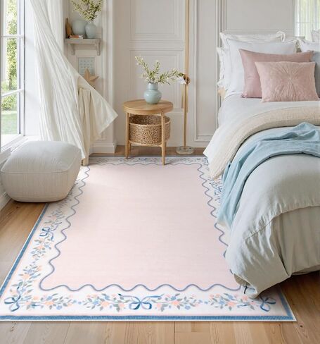 Seavish Pink Floral Rugs for Bedroom Girls, 5x7 Area Rugs for Living Room, Soft Washable Scalloped Nursery Rug, Boho Farmhouse Non-Slip Low Pile Carpet Rug for Kids Playroom Dining Room Office in Kuwait