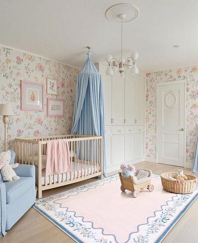 Seavish Pink Floral Rugs for Bedroom Girls, 5x7 Area Rugs for Living Room, Soft Washable Scalloped Nursery Rug, Boho Farmhouse Non-Slip Low Pile Carpet Rug for Kids Playroom Dining Room Office in Kuwait