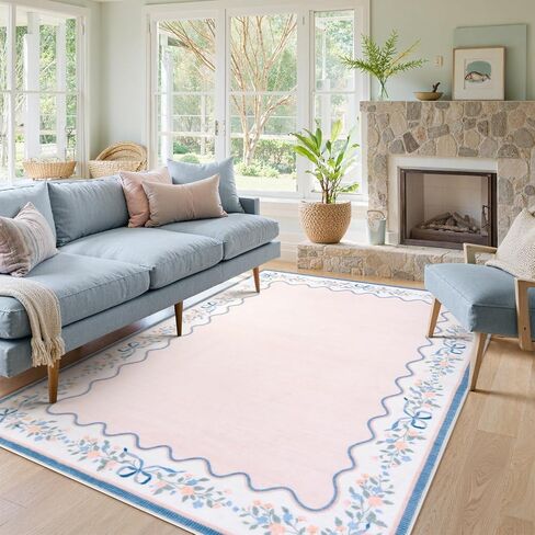 Seavish Pink Floral Rugs for Bedroom Girls, 5x7 Area Rugs for Living Room, Soft Washable Scalloped Nursery Rug, Boho Farmhouse Non-Slip Low Pile Carpet Rug for Kids Playroom Dining Room Office in Kuwait