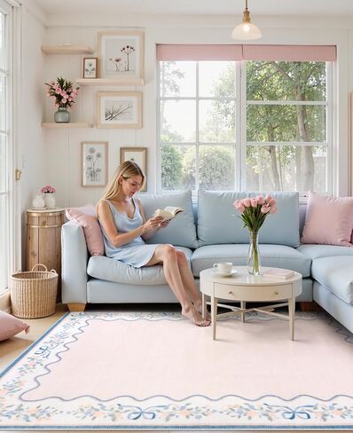 Seavish Pink Floral Rugs for Bedroom Girls, 5x7 Area Rugs for Living Room, Soft Washable Scalloped Nursery Rug, Boho Farmhouse Non-Slip Low Pile Carpet Rug for Kids Playroom Dining Room Office in Kuwait