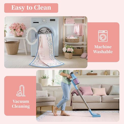 Seavish Pink Floral Rugs for Bedroom Girls, 5x7 Area Rugs for Living Room, Soft Washable Scalloped Nursery Rug, Boho Farmhouse Non-Slip Low Pile Carpet Rug for Kids Playroom Dining Room Office in Kuwait