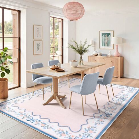 Seavish Pink Floral Rugs for Bedroom Girls, 5x7 Area Rugs for Living Room, Soft Washable Scalloped Nursery Rug, Boho Farmhouse Non-Slip Low Pile Carpet Rug for Kids Playroom Dining Room Office in Kuwait