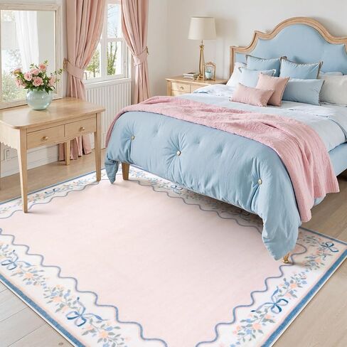 Seavish Pink Floral Rugs for Bedroom Girls, 5x7 Area Rugs for Living Room, Soft Washable Scalloped Nursery Rug, Boho Farmhouse Non-Slip Low Pile Carpet Rug for Kids Playroom Dining Room Office in Kuwait