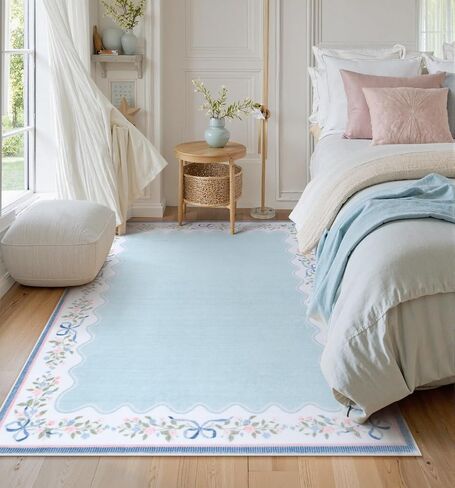 Seavish Pink Floral Rugs for Bedroom Girls, 5x7 Area Rugs for Living Room, Soft Washable Scalloped Nursery Rug, Boho Farmhouse Non-Slip Low Pile Carpet Rug for Kids Playroom Dining Room Office in Kuwait