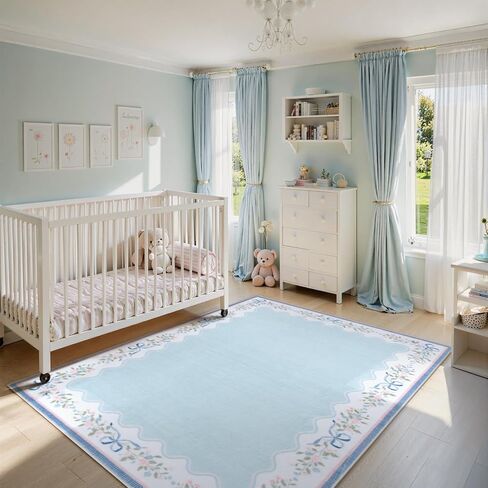 Seavish Pink Floral Rugs for Bedroom Girls, 5x7 Area Rugs for Living Room, Soft Washable Scalloped Nursery Rug, Boho Farmhouse Non-Slip Low Pile Carpet Rug for Kids Playroom Dining Room Office in Kuwait