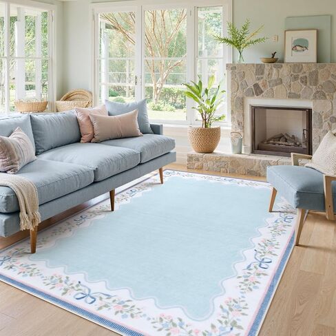 Seavish Pink Floral Rugs for Bedroom Girls, 5x7 Area Rugs for Living Room, Soft Washable Scalloped Nursery Rug, Boho Farmhouse Non-Slip Low Pile Carpet Rug for Kids Playroom Dining Room Office in Kuwait