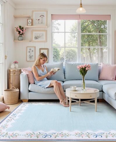 Seavish Pink Floral Rugs for Bedroom Girls, 5x7 Area Rugs for Living Room, Soft Washable Scalloped Nursery Rug, Boho Farmhouse Non-Slip Low Pile Carpet Rug for Kids Playroom Dining Room Office in Kuwait