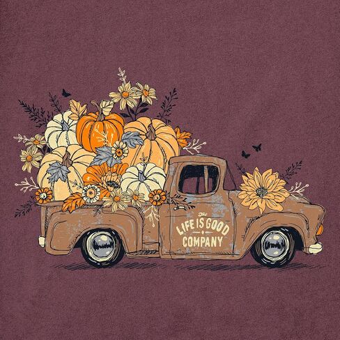 الحياة جيدة. تي شيرت نسائي بأكمام طويلة من نوع Fall Flowers & Pumpkins Pickup Crusher، بني ماهوجني in Saudi Arabia