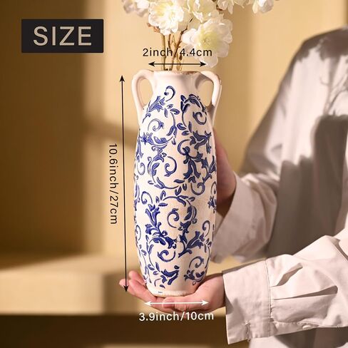 VICTOR & TERESA Blue and White Floor Vase for Pampas Grass, 11'' Tall Vase for Home Decor, Ceramic Farmhouse Decorative Large Vases for Flower, Mantel, Living Room, Shelf, Centerpieces, Gift for Mom in Kuwait