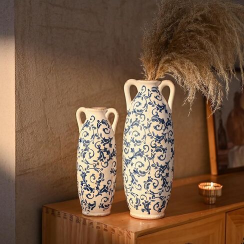 VICTOR & TERESA Blue and White Floor Vase for Pampas Grass, 11'' Tall Vase for Home Decor, Ceramic Farmhouse Decorative Large Vases for Flower, Mantel, Living Room, Shelf, Centerpieces, Gift for Mom in Kuwait
