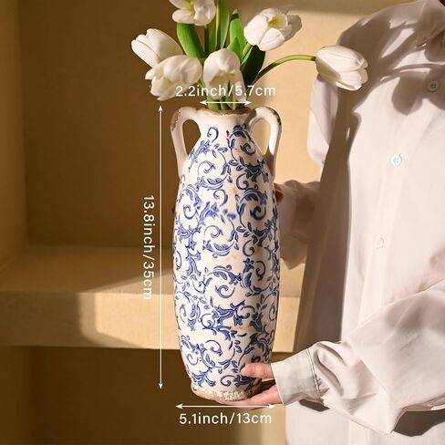 VICTOR & TERESA Blue and White Floor Vase for Pampas Grass, 11'' Tall Vase for Home Decor, Ceramic Farmhouse Decorative Large Vases for Flower, Mantel, Living Room, Shelf, Centerpieces, Gift for Mom in Kuwait