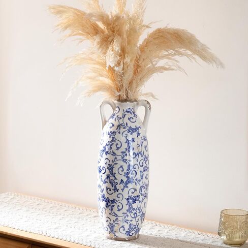 VICTOR & TERESA Blue and White Floor Vase for Pampas Grass, 11'' Tall Vase for Home Decor, Ceramic Farmhouse Decorative Large Vases for Flower, Mantel, Living Room, Shelf, Centerpieces, Gift for Mom in Kuwait