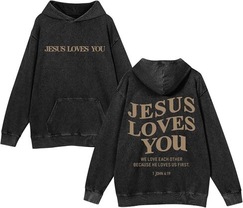 Mens Jesus Loves You Christian Hoodies God Bible Verse Faith Religious Sweatshirts Oversized Acid Wash Graphic Shirt in Saudi Arabia
