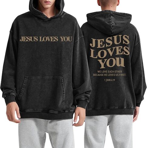 Mens Jesus Loves You Christian Hoodies God Bible Verse Faith Religious Sweatshirts Oversized Acid Wash Graphic Shirt in Saudi Arabia