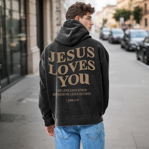 Mens Jesus Loves You Christian Hoodies God Bible Verse Faith Religious Sweatshirts Oversized Acid Wash Graphic Shirt in Saudi Arabia