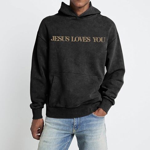 Mens Jesus Loves You Christian Hoodies God Bible Verse Faith Religious Sweatshirts Oversized Acid Wash Graphic Shirt in Saudi Arabia