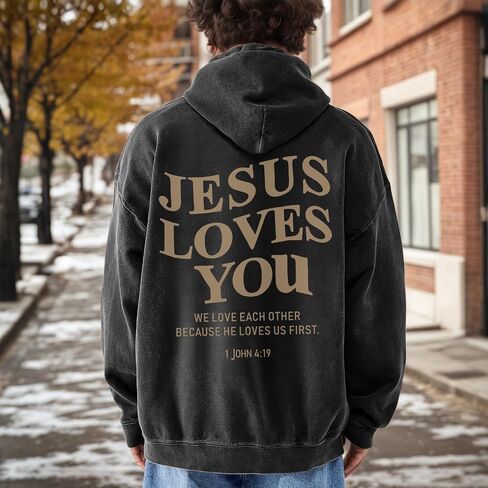 Mens Jesus Loves You Christian Hoodies God Bible Verse Faith Religious Sweatshirts Oversized Acid Wash Graphic Shirt in Saudi Arabia