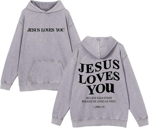 Mens Jesus Loves You Christian Hoodies God Bible Verse Faith Religious Sweatshirts Oversized Acid Wash Graphic Shirt in Saudi Arabia