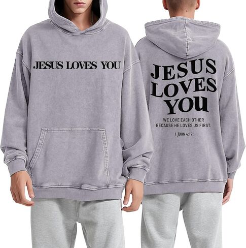 Mens Jesus Loves You Christian Hoodies God Bible Verse Faith Religious Sweatshirts Oversized Acid Wash Graphic Shirt in Saudi Arabia
