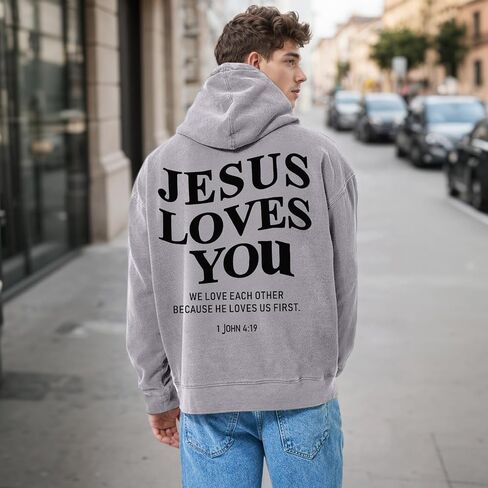 Mens Jesus Loves You Christian Hoodies God Bible Verse Faith Religious Sweatshirts Oversized Acid Wash Graphic Shirt in Saudi Arabia