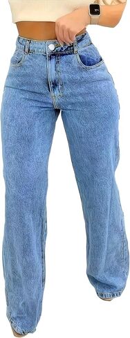 Jeans for Women Trendy Straight Wide Leg Denim Pants Vintage wash Boyfriend Casual Pockets Loose Jeans in Kuwait