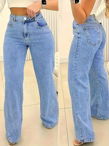 Jeans for Women Trendy Straight Wide Leg Denim Pants Vintage wash Boyfriend Casual Pockets Loose Jeans in Kuwait