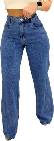 Jeans for Women Trendy Straight Wide Leg Denim Pants Vintage wash Boyfriend Casual Pockets Loose Jeans in Kuwait