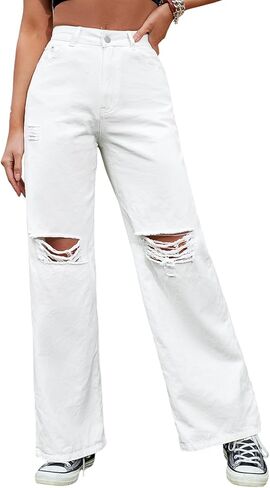 Women's High Waisted Ripped Wide Leg Denim Pants Casual Loose Fit Jeans in Kuwait