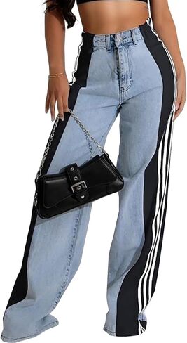 LONGBIDA Women's High Waisted Jeans Two Tone Stretchy Baggy Trendy Wide Leg Denim Pants in Saudi Arabia