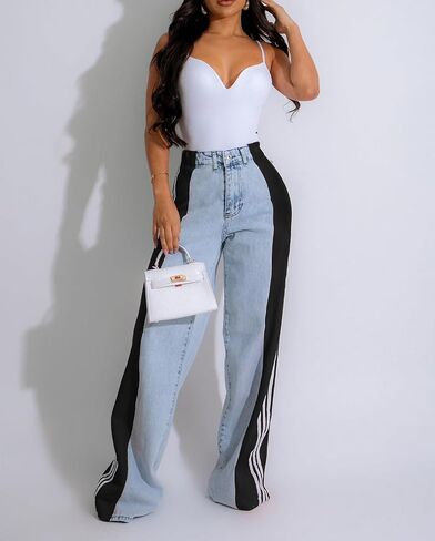 LONGBIDA Women's High Waisted Jeans Two Tone Stretchy Baggy Trendy Wide Leg Denim Pants in Saudi Arabia