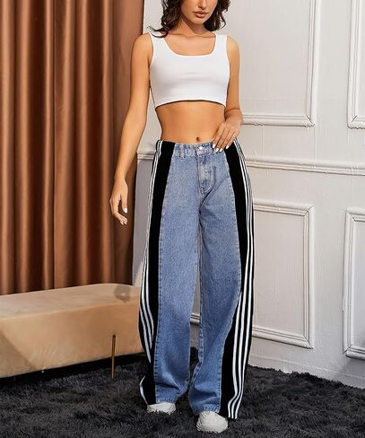 LONGBIDA Women's High Waisted Jeans Two Tone Stretchy Baggy Trendy Wide Leg Denim Pants in Saudi Arabia