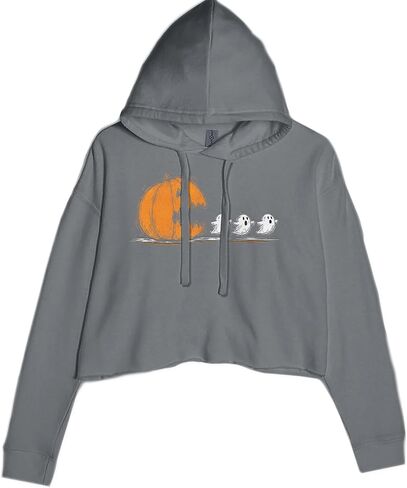 Pumpkin Pacman Chasing Ghosts Halloween Cropped Fleece Hoodie, Soft & Cozy, Trendy Fit in Saudi Arabia