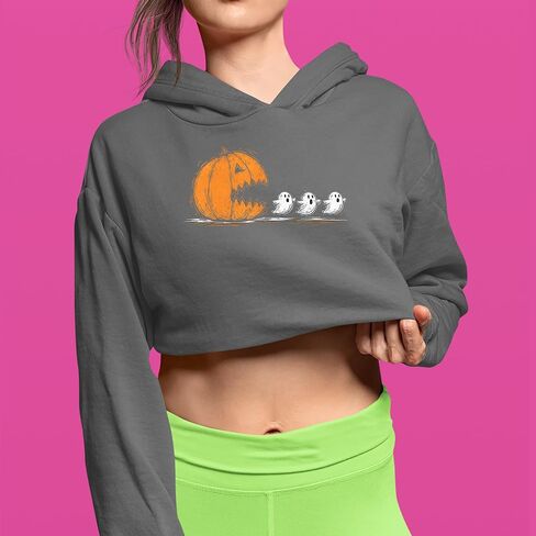 Pumpkin Pacman Chasing Ghosts Halloween Cropped Fleece Hoodie, Soft & Cozy, Trendy Fit in Saudi Arabia