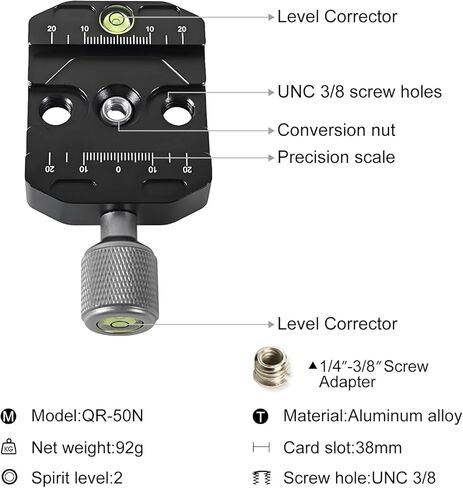 مشبك إطلاق سريع 70 مم متوافق مع لوحة النمط السويسري ARCA ، مشبك QR الألومنيوم مع محول برغي 1/4-3/8 "، مستوى الفقاعة ومقبض رافعة قابلة للتعديل لرأس كرة ثلاثي القوائم in Kuwait