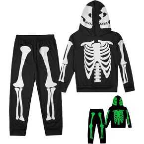طقم بدلة رياضية للأولاد والبنات للهالوين بهيكل عظمي وسروال بقلنسوة يتوهج في الظلام من 5 إلى 12 سنة in Kuwait