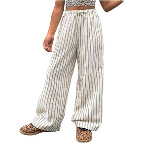 سراويل Floerns للفتيات مخططة برباط عالي الخصر وطويلة بأرجل مستقيمة للشاطئ in Kuwait