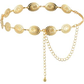 الحزام الغربي للنساء، سلسلة حزام كونتشوس الذهبية مجوفة من ديزي بوهو راعية البقر وأحزمة سلسلة الخصر قابلة للتعديل وصلة معدنية للنساء فساتين الجينز (47.24 بوصة) in Kuwait