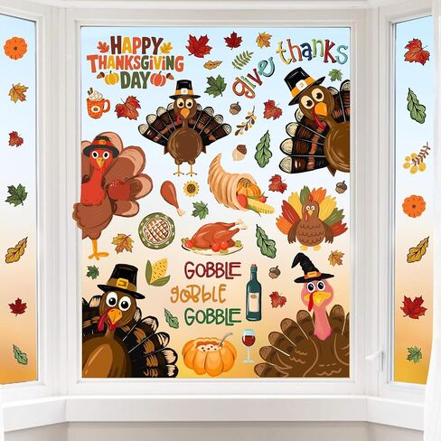Thanksgiving Window Decorations Fall Decor Turkey Window Clings Stickers, Holiday Turkey Clings for Glass Windows for Thanksgiving Party Home Decor in Saudi Arabia