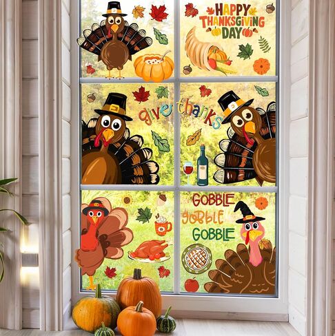 Thanksgiving Window Decorations Fall Decor Turkey Window Clings Stickers, Holiday Turkey Clings for Glass Windows for Thanksgiving Party Home Decor in Saudi Arabia
