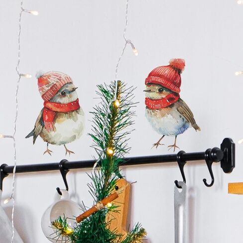 Christmas Bird Clings - Knit Hat & Scarf Birds with Fuzzy Tails | Static Window Stickers for Home Holiday Decor (Warm Pair)​ in Saudi Arabia