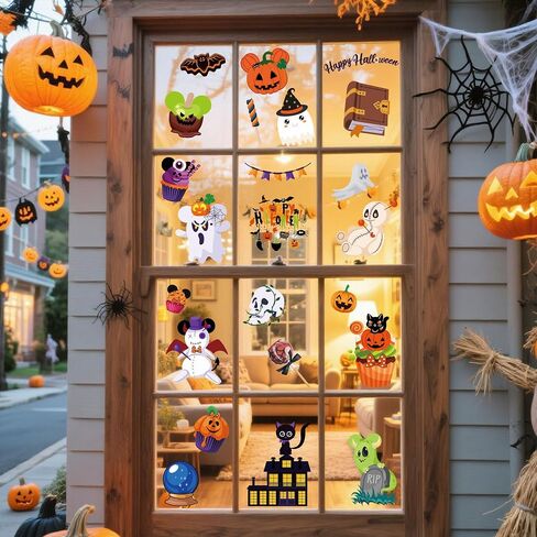 12 Sheet Halloween Window Clings, Large Mouse Shape Pumpkin Bat Spider Web Stickers Decals Halloween Window Decorations for Home Kitchen Bedroom Living Room Decor Party Supplies in Saudi Arabia