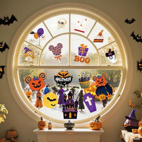 12 Sheet Halloween Window Clings, Large Mouse Shape Pumpkin Bat Spider Web Stickers Decals Halloween Window Decorations for Home Kitchen Bedroom Living Room Decor Party Supplies in Saudi Arabia