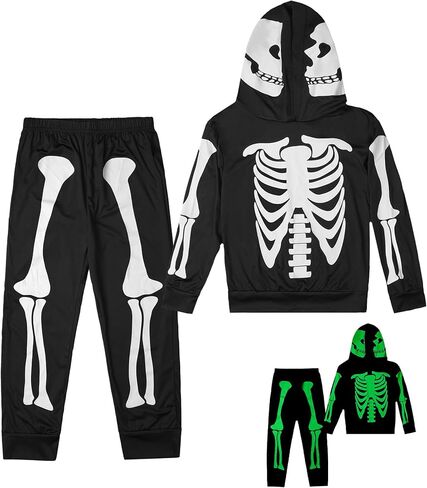 طقم بدلة رياضية للأولاد والبنات للهالوين بهيكل عظمي وسروال بقلنسوة يتوهج في الظلام من 5 إلى 12 سنة in Kuwait