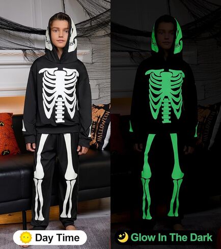 طقم بدلة رياضية للأولاد والبنات للهالوين بهيكل عظمي وسروال بقلنسوة يتوهج في الظلام من 5 إلى 12 سنة in Kuwait