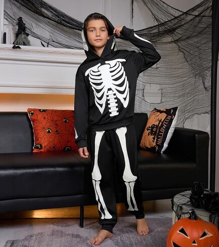 طقم بدلة رياضية للأولاد والبنات للهالوين بهيكل عظمي وسروال بقلنسوة يتوهج في الظلام من 5 إلى 12 سنة in Kuwait