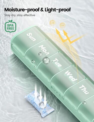 Weekly Medicine Pill Organizer, 7 Day Daily Pill Box Case Travel with Portable Handle, Moisture-Proof Desiccant & Secure Hinges for Vitamins, Medication Supplements in Kuwait