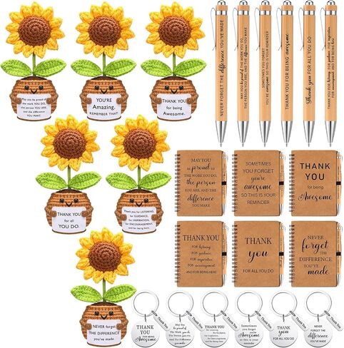 6 Set Employee Appreciation Gifts Bulk Housekeeping Week Gifts, Positive Doll Crochet with Card Inspirational Journals with Retractable Bamboo Pens Thank You Keychains for Staff(Sunflower) in Saudi Arabia