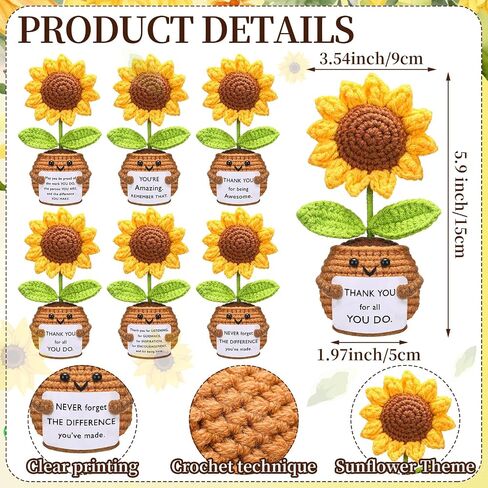 6 Set Employee Appreciation Gifts Bulk Housekeeping Week Gifts, Positive Doll Crochet with Card Inspirational Journals with Retractable Bamboo Pens Thank You Keychains for Staff(Sunflower) in Saudi Arabia