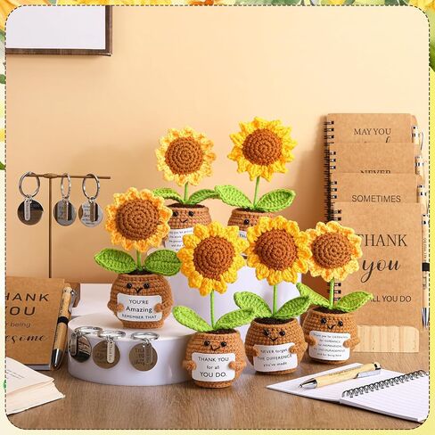 6 Set Employee Appreciation Gifts Bulk Housekeeping Week Gifts, Positive Doll Crochet with Card Inspirational Journals with Retractable Bamboo Pens Thank You Keychains for Staff(Sunflower) in Saudi Arabia